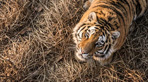 Overhead View of Tiger in Dry Grass