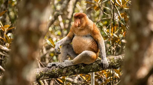 Proboscis Monkey Sitting on Tree Branch