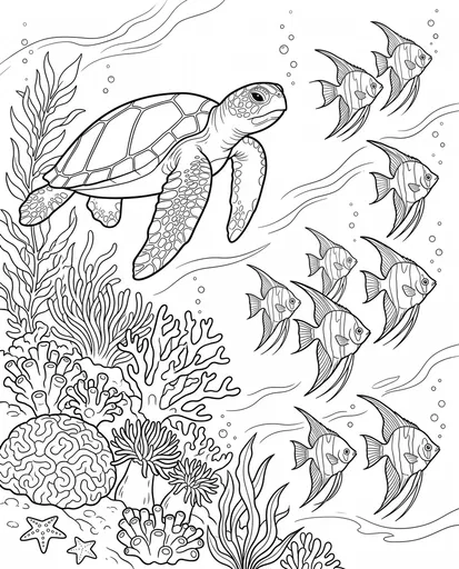 Sea Turtle and Angelfish Coloring Page