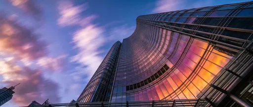 Curved Glass Skyscraper Reflecting Dawn Sky