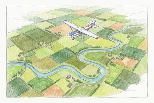 Colored Pencil Illustration of Plane Over Fields