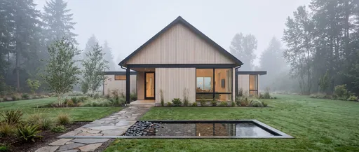 Modern Scandinavian Cabin in Morning Fog