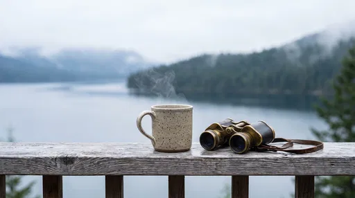 Steaming Mug and Binoculars by Misty Lake