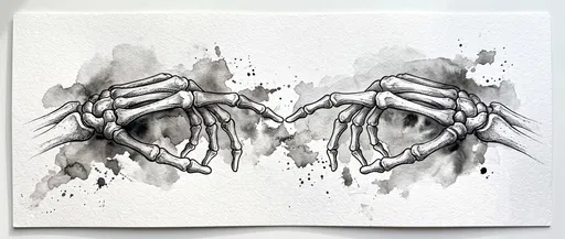 Ink and Watercolor Skeleton Hands Touching