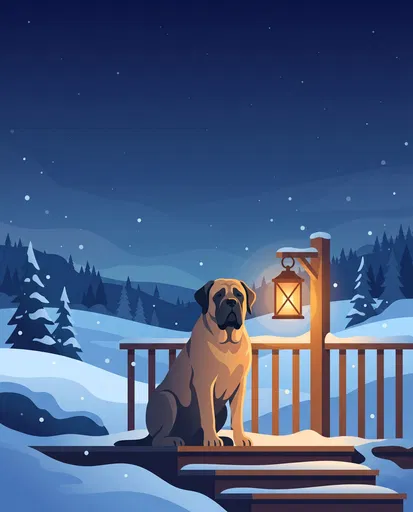 Mastiff Sitting by Lantern on Snowy Night