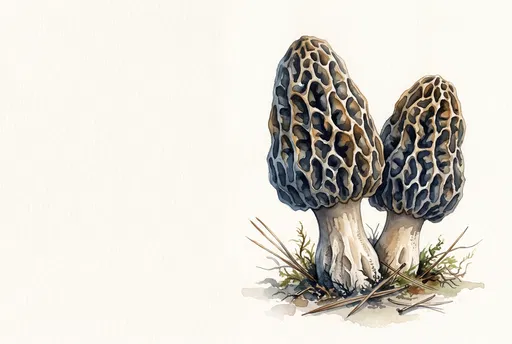 Watercolor Illustration of Two Black Morel Mushrooms