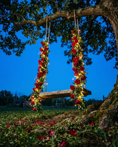 Romantic Tree Swing with Red Roses