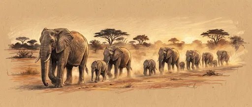 Elephant Herd Savanna Colored Pencil Drawing