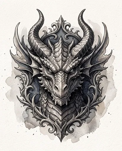 Ornate Ink and Watercolor Dragon Crest