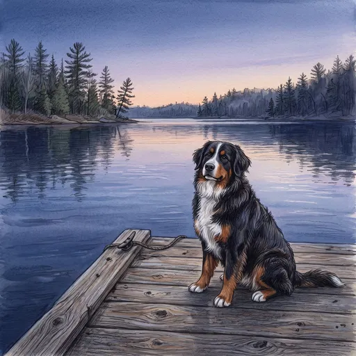 Bernese Mountain Dog on Dock Illustration