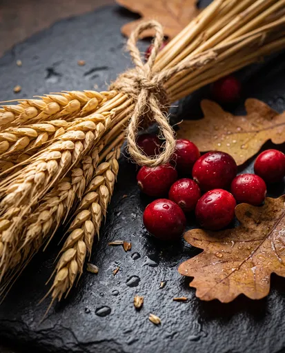 Wheat Stalks and Cranberries on Dark Slate