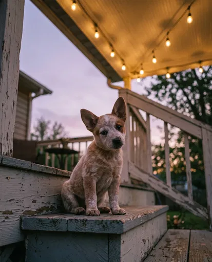 Red Heeler Puppy on Porch Steps