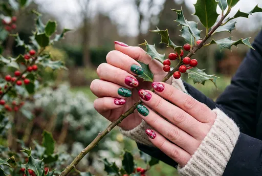 Hands With Christmas Nail Art Holding Holly