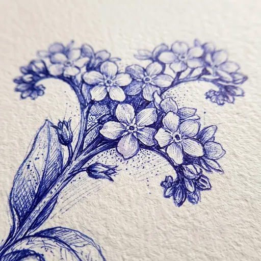 Blue Ballpoint Sketch of Forget-Me-Not Flowers