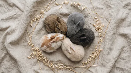 Five Baby Bunnies Huddled on Linen