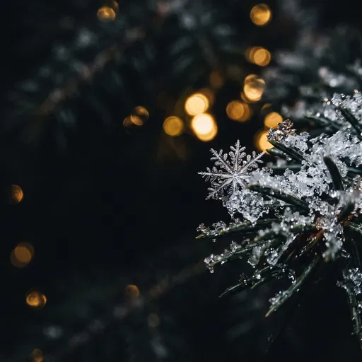 Macro Snowflake on Frosted Pine Needles