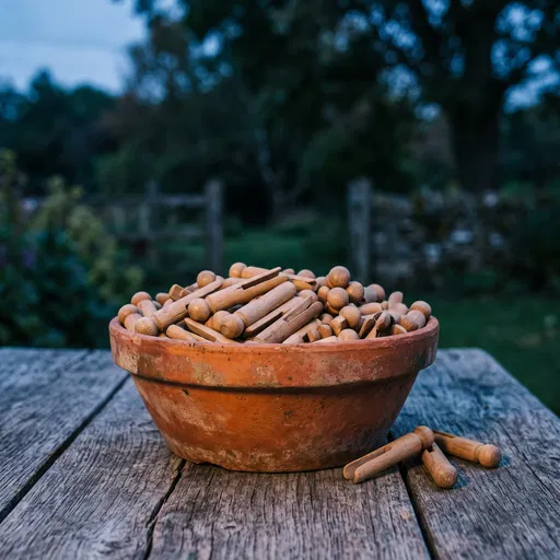 Terracotta Bowl of Wooden Clothes Pegs Outdoors