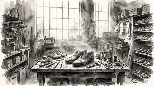 Monochrome Watercolor Shoemaker Atelier Illustration