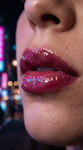 Close-Up of Glossy Berry Lips at Night