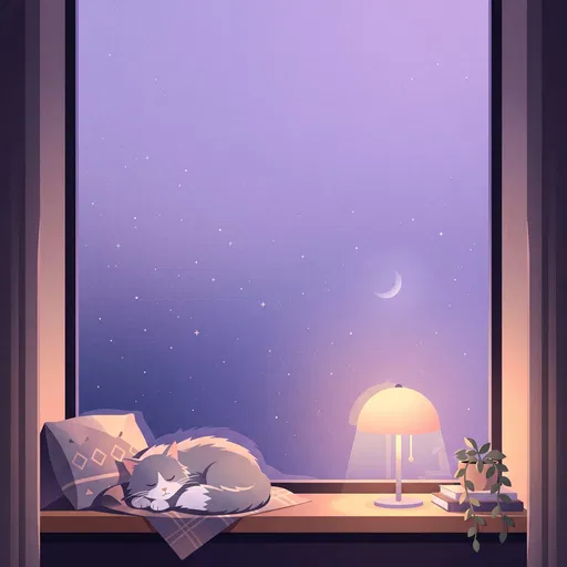 Cat Sleeping on Windowsill at Night