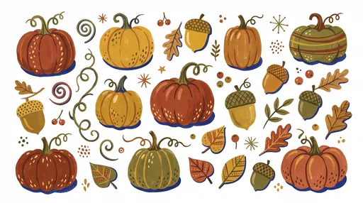 Gouache Autumn Pumpkins and Acorns Clip Art