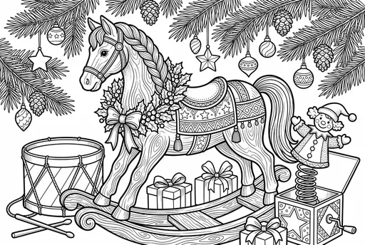 Christmas Rocking Horse Toys Coloring Page