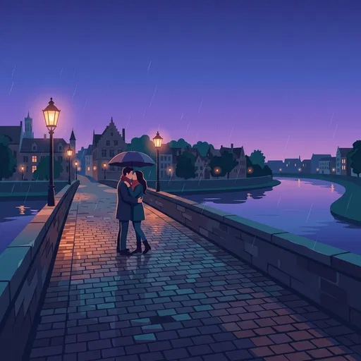 Couple Kissing Under Umbrella on Twilight Bridge