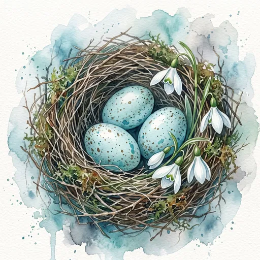 Watercolor Nest With Blue Speckled Eggs