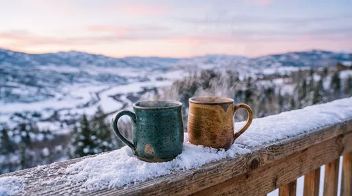 Steaming Ceramic Mugs on Snowy Mountain Deck