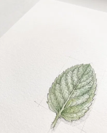 Botanical Mint Leaf Watercolor and Pencil Drawing