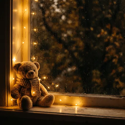 Teddy Bear on Rainy Autumn Windowsill