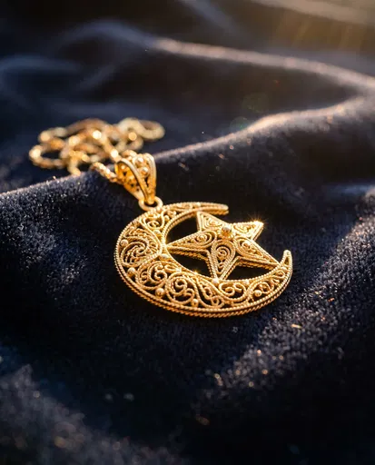 Gold Filigree Crescent and Star Pendant