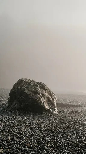 Solitary Boulder on Foggy Pebble Beach