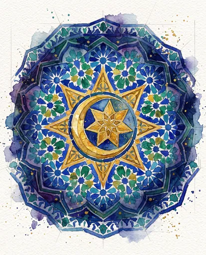 Watercolor Moroccan Mosaic With Star And Crescent