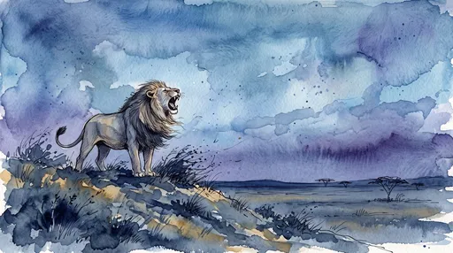 Watercolor Roaring Lion on Twilight Savanna Hill