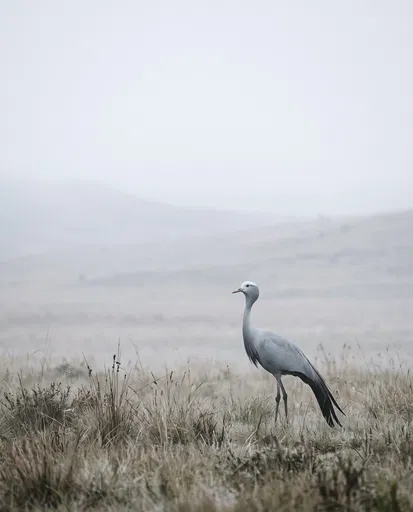 Blue Crane in Misty Grassland
