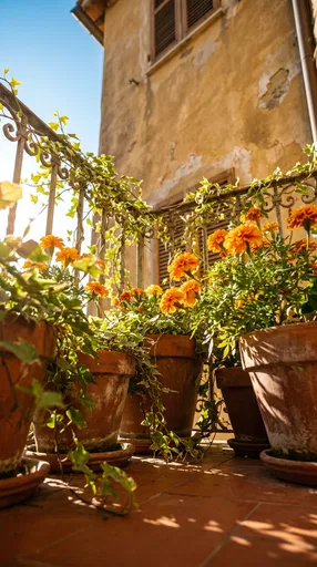 Sunlit Terracotta Pots on Mediterranean Balcony