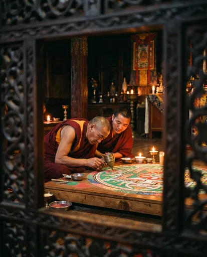 Monks Creating Sand Mandala by Candlelight