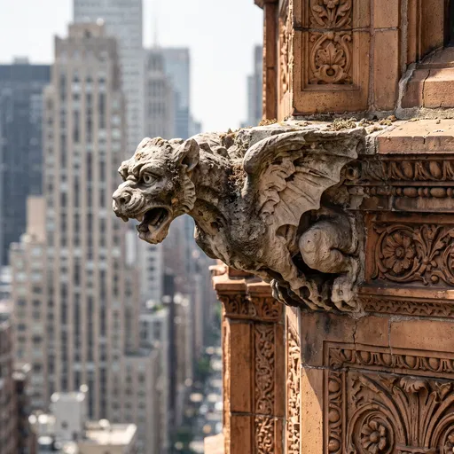 Weathered Gargoyle on Terracotta Building Facade