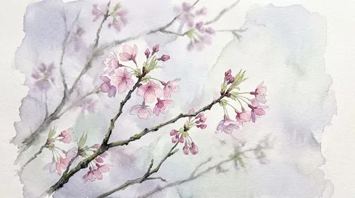 Delicate Watercolor Cherry Blossom Branches
