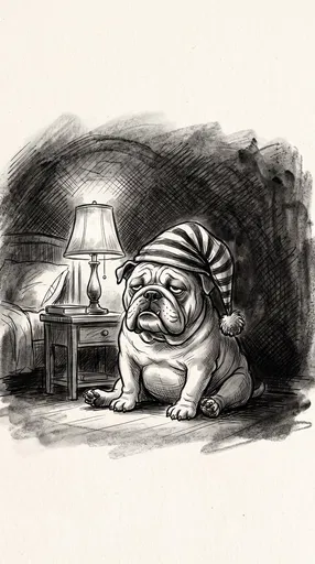 Sleepy Bulldog in Striped Nightcap Illustration