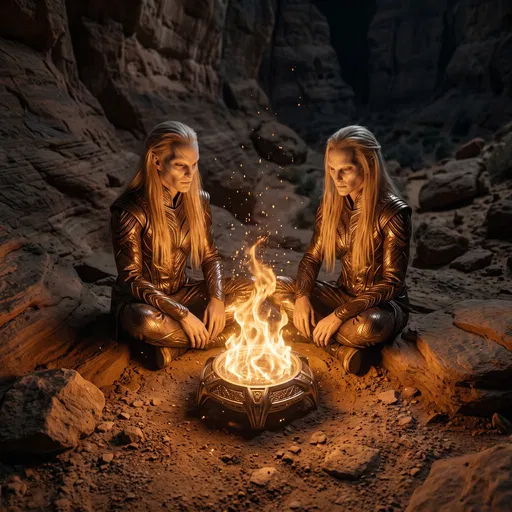 Two Blonde Aliens Around Glowing Canyon Brazier