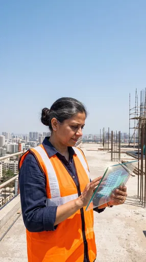 Female Architect Using Futuristic Glass Tablet