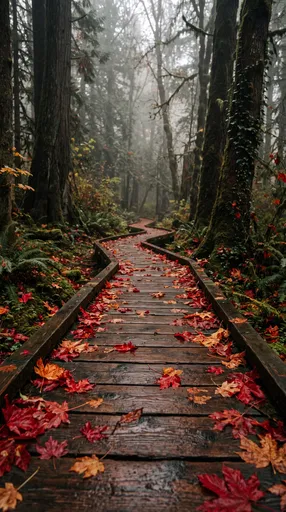 Winding Forest Boardwalk with Autumn Leaves