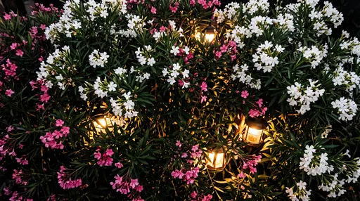 Illuminated Pink and White Oleander Bush
