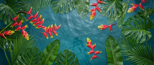 Tropical Heliconia Flowers Floating on Water