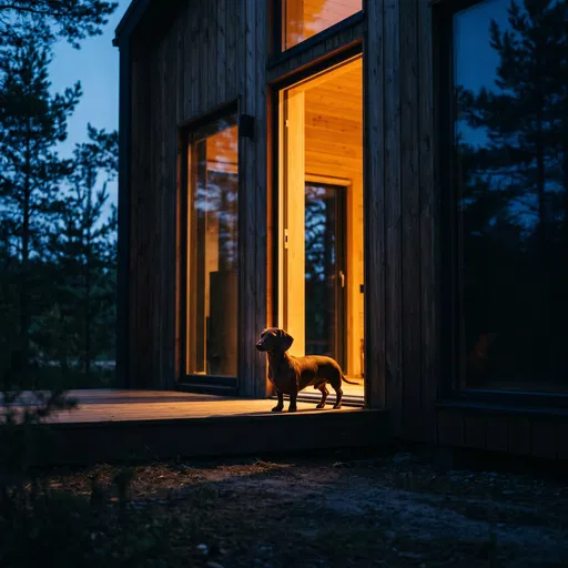 Dachshund Standing Outside Cabin at Dusk