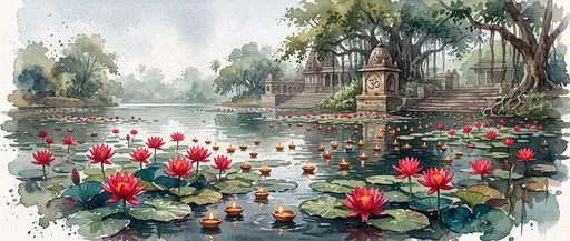 Watercolor Temple Pond With Lotus and Lamps