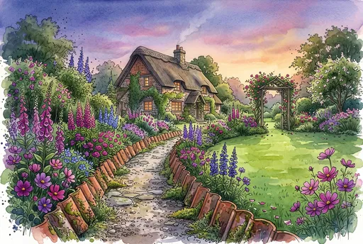 Watercolor Cottage Garden Path With Terracotta Edging