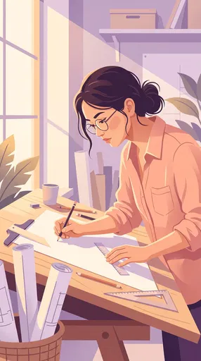 Female Architect Working at Drafting Table